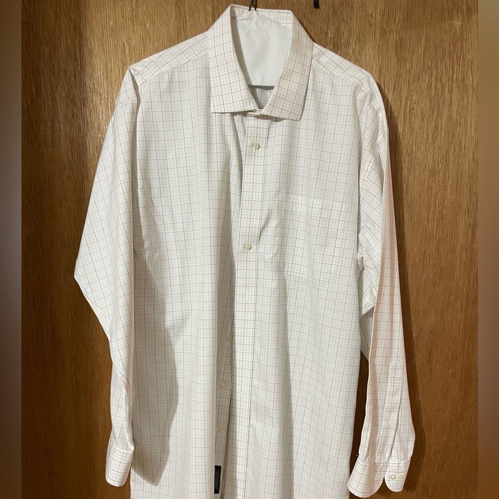 Jos. A. Bank White With Brown & Blue Checker Stripped 18 35 Dress Shirt